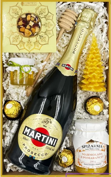 Luksusowy zestaw prezentowy z Martini Prosecco, świecą z wosku pszczelego, marmoladą i pralinami Ferrero Rocher.